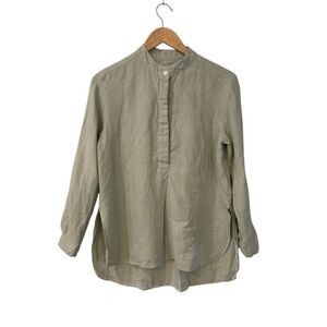 Offon Womens Shirt White Size M Linen Double Front Pockets Long Sleeve Button Up